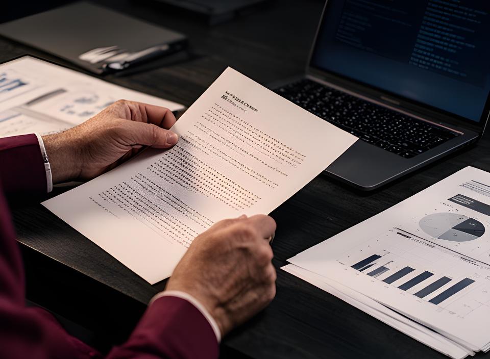 Persona revisando documentación mercantil en una mesa oscura con gráficos financieros y un portátil abierto