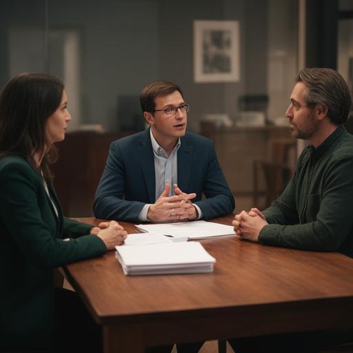 Consultor de empresa familiar hablando con una pareja de socios alrededor de una mesa de madera