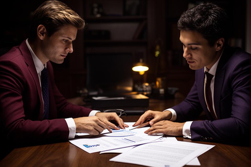 Dos socios revisando documentos de empresa en una sala oscura con una mesa de madera y luz lateral suave